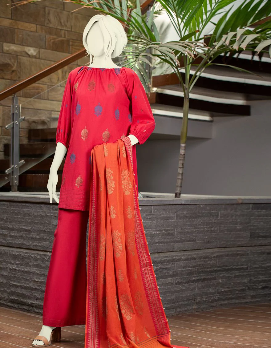 RED JACQUARD 3PC UNSTITCHED | JJLS-W-JWU-US-20-1185 FB/TP-058