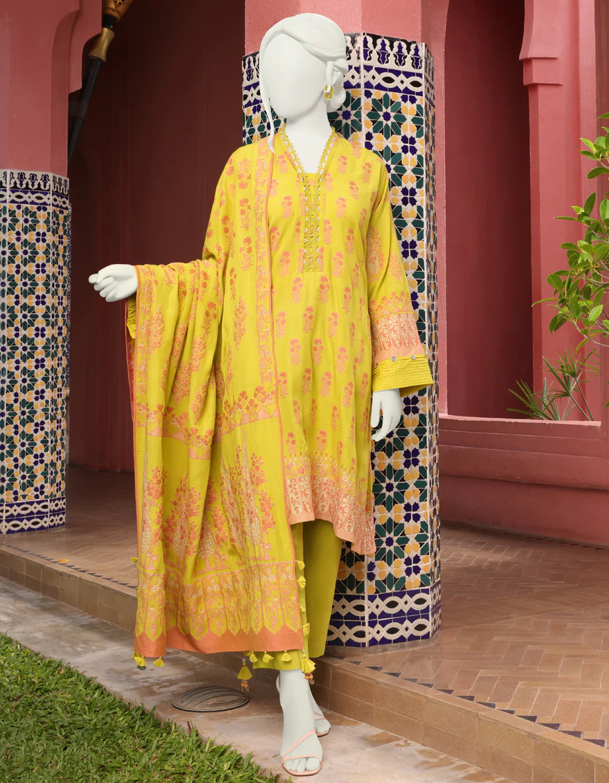 YELLOW JACQUARD 3PC UNSTITCHED | JJLS-W-JWU-US-22-1808 FB/KANTISS