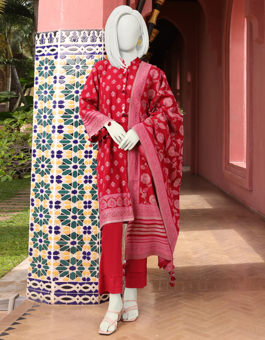 RED JACQUARD 3PC UNSTITCHED | JJLS-W-JWU-US-22-1810 FB/MORGAN