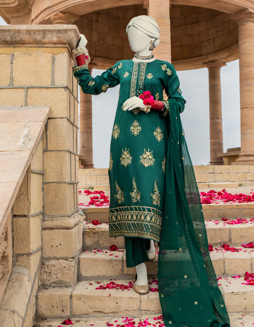 GREEN RAW SILK 3PC STITCHED | JJPW-S-JPS-24-3904 F