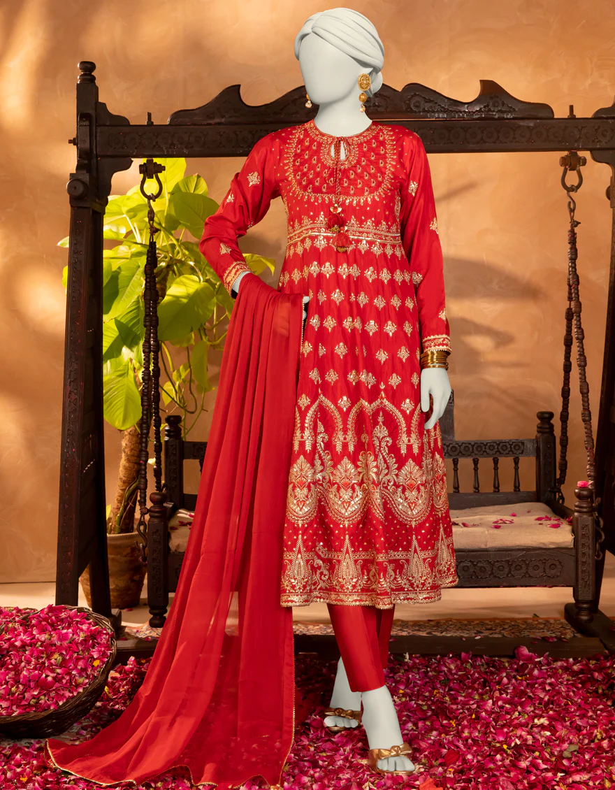 RED RAW SILK 3PC STITCHED | JJPW-S-JPS-25-3905 F