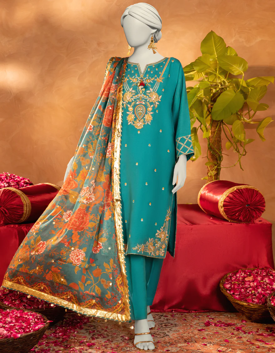 BLUE COTTON SILK 3PC STITCHED | JJPW-S-JPS-25-3909 F