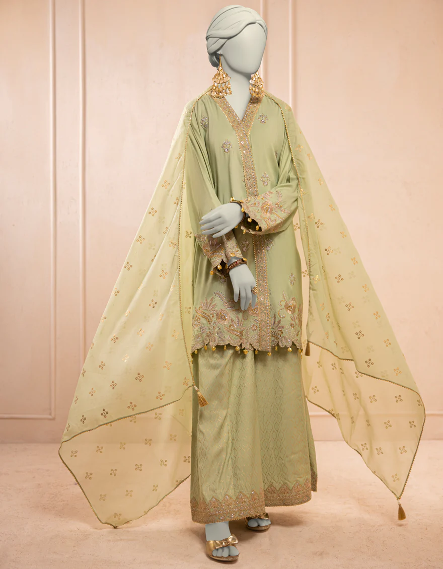 GREEN ORGANZA 3PC STITCHED | JJPW-S-JPS-25-3934 F