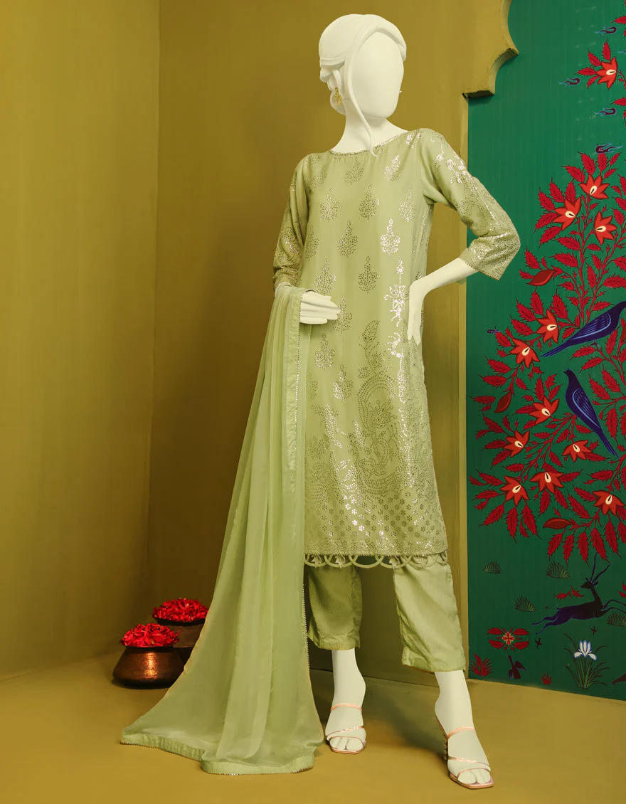 LIGHT GREEN CHIFFON 3PC STITCHED | JJPW-S-JPS-US-22-3902 FB/JH-131