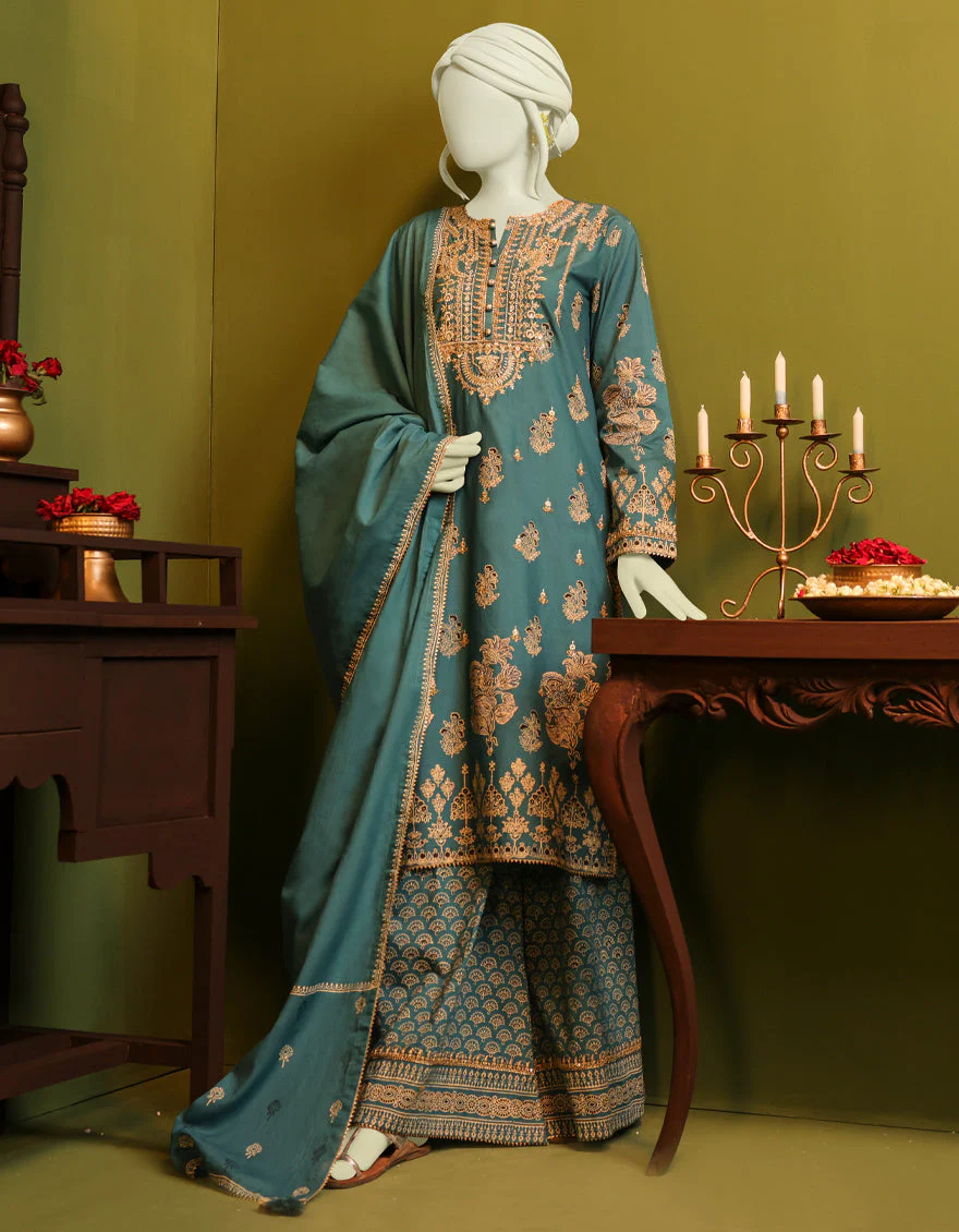 SEA GREEN LAWN 3PC STITCHED | JJPW-S-JPS-US-22-3920 FB/HF-121