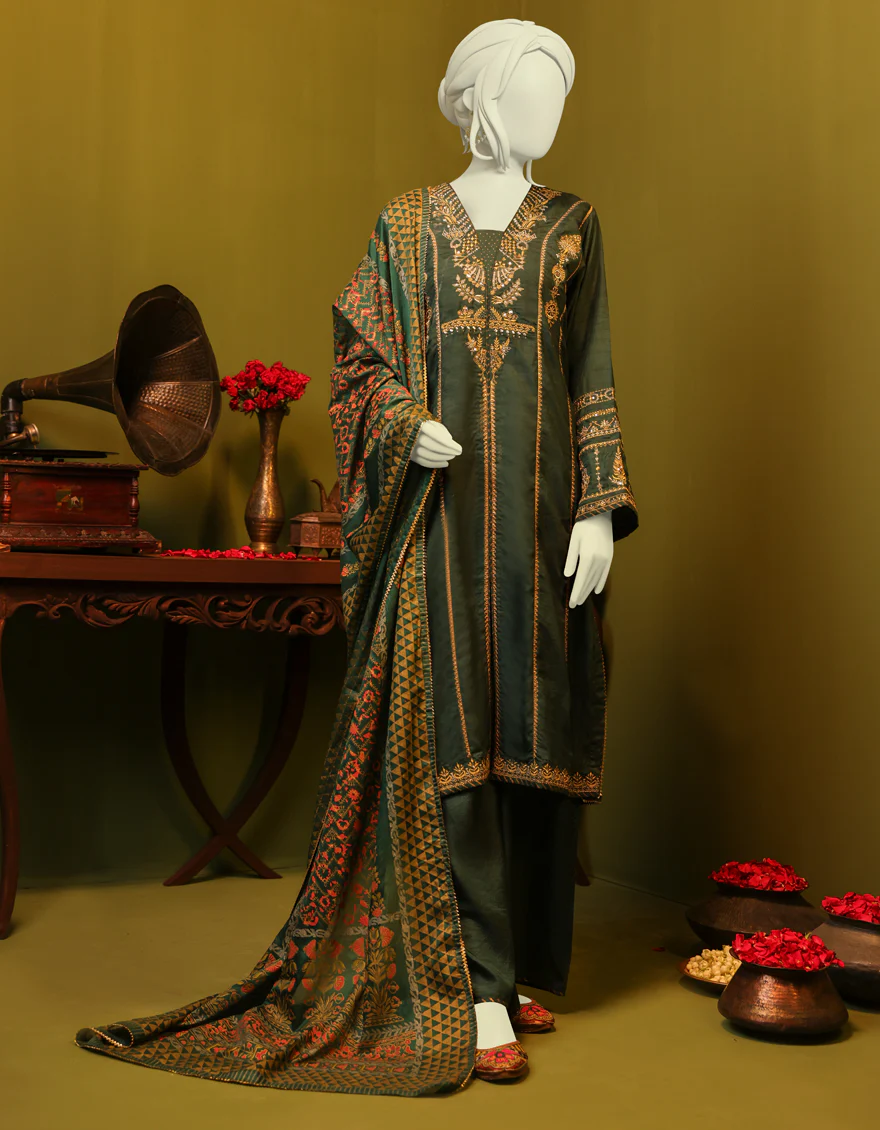 DARK GREEN RAW SILK 3PC STITCHED | JJPW-S-JPS-US-22-3927 FB/JH-166(MF-840)