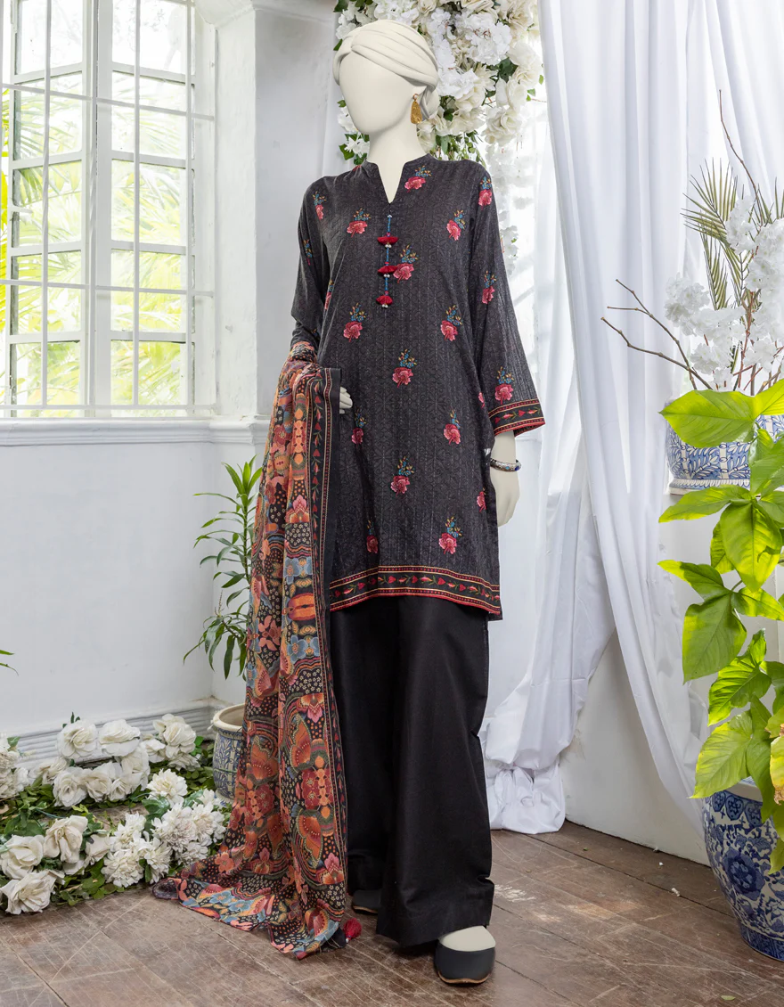 BLACK PRINTED 3PC STITCHED | JJPW-S-JPW-24-026 FB/MOSAIC FLORA-2