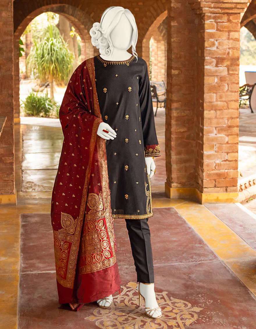 BLACK RAW SILK 3PC STITCHED | JJPW-S-JPWF-US-22-001 FB/FF-035