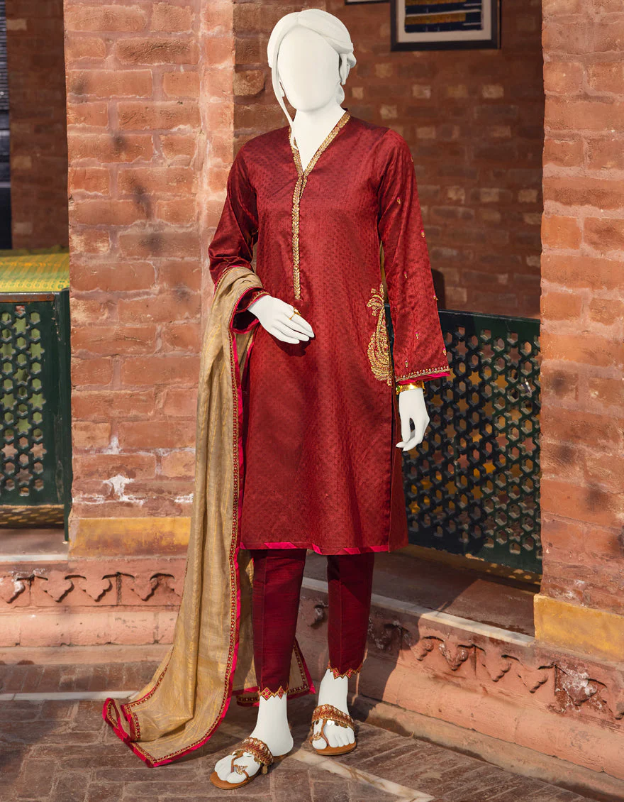 MAROON RAW SILK 3PC STITCHED | JJPW-S-JPWF-US-22-008 FB/FF-386