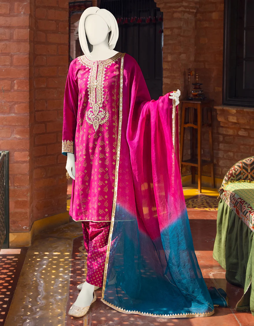 MAGENTA RAW SILK 3PC STITCHED | JJPW-S-JPWF-US-22-027 FB/FF-035