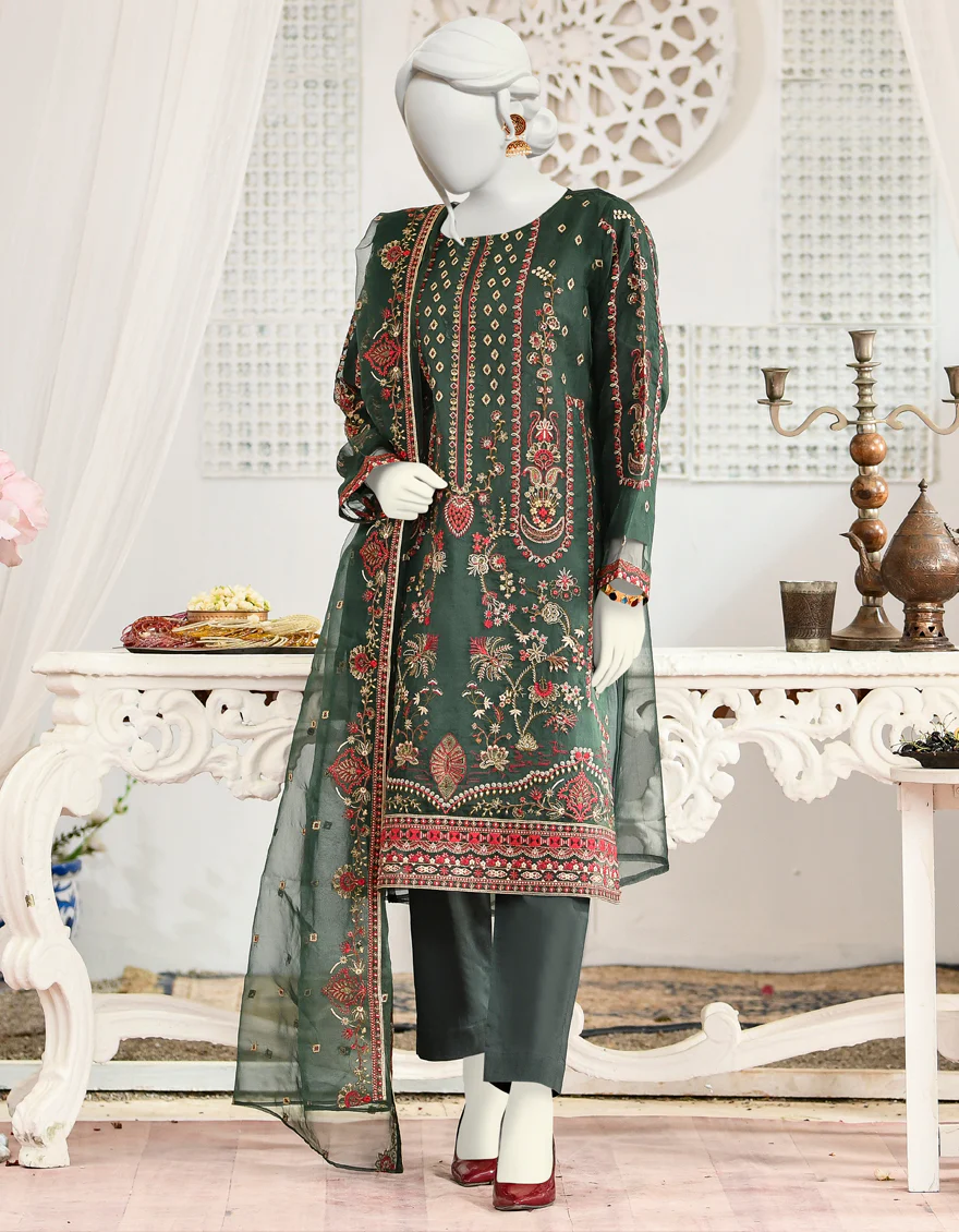 DARK GREEN ORGANZA 3PC STITCHED | JJPW-S-JPWF-US-22-046 FB/AJ-015