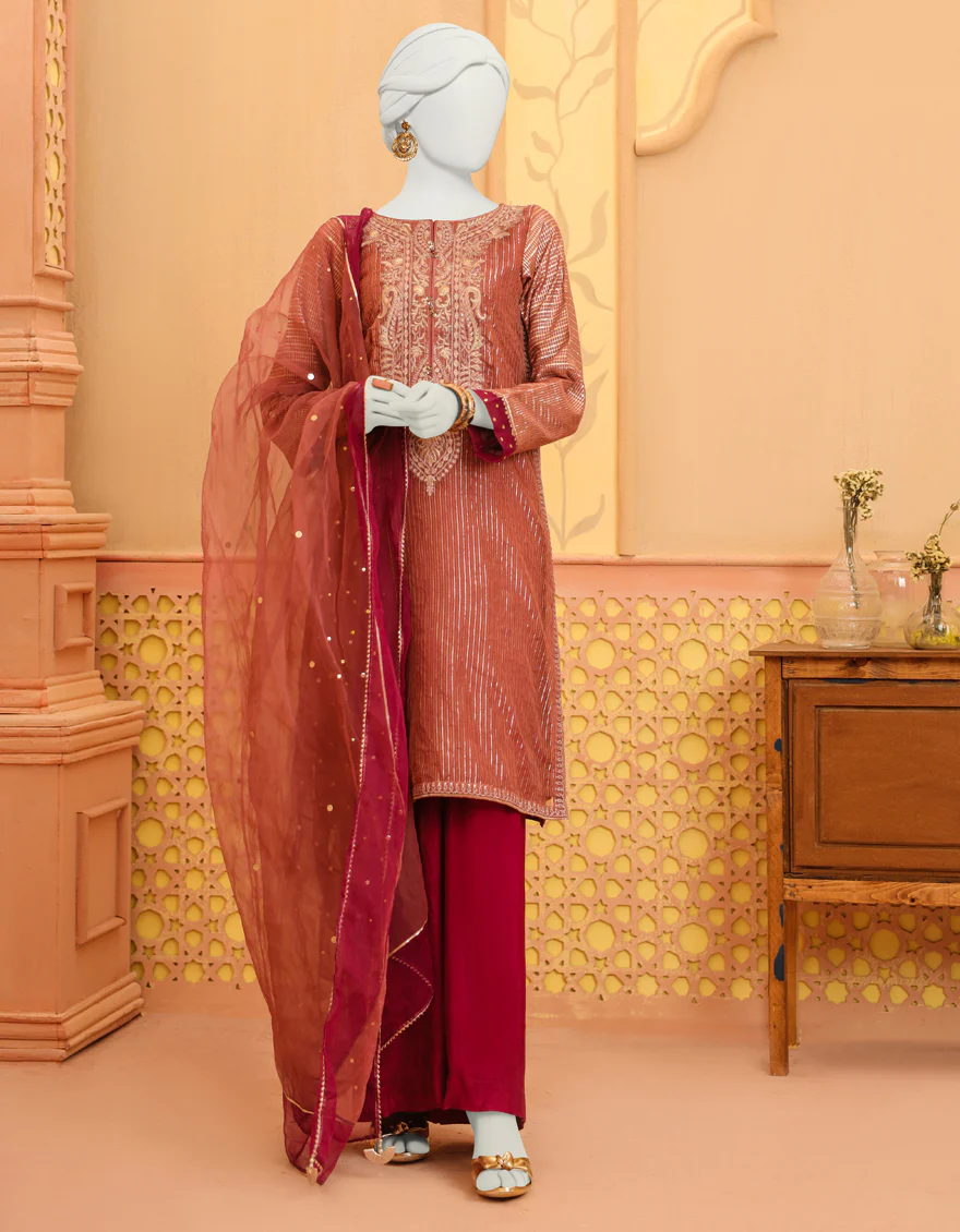 TEA PINK ZARI 3PC STITCHED | JJPW-S-JPWF-US-23-117 FB/FF-427