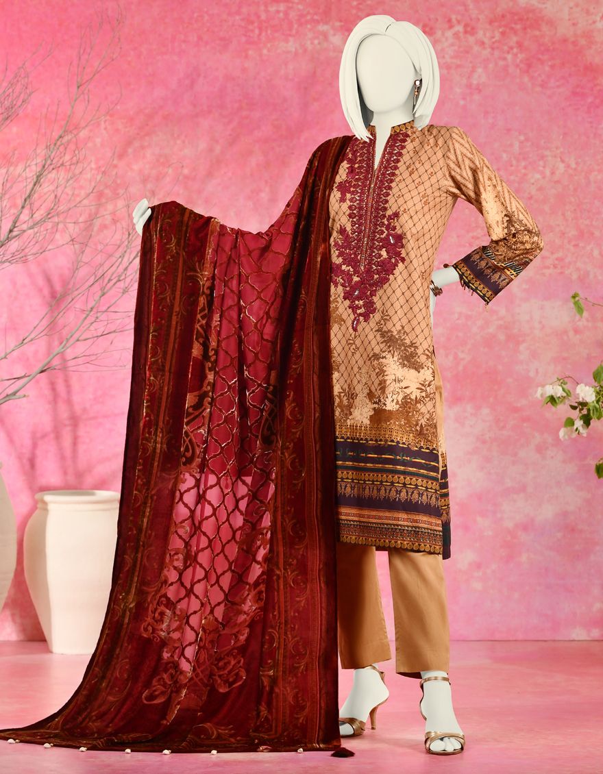BEIGE-GOLD LAWN 3PC STITCHED | JJPW-S-JPWS-US-21-252 FB/TRADITIONAL MAROON
