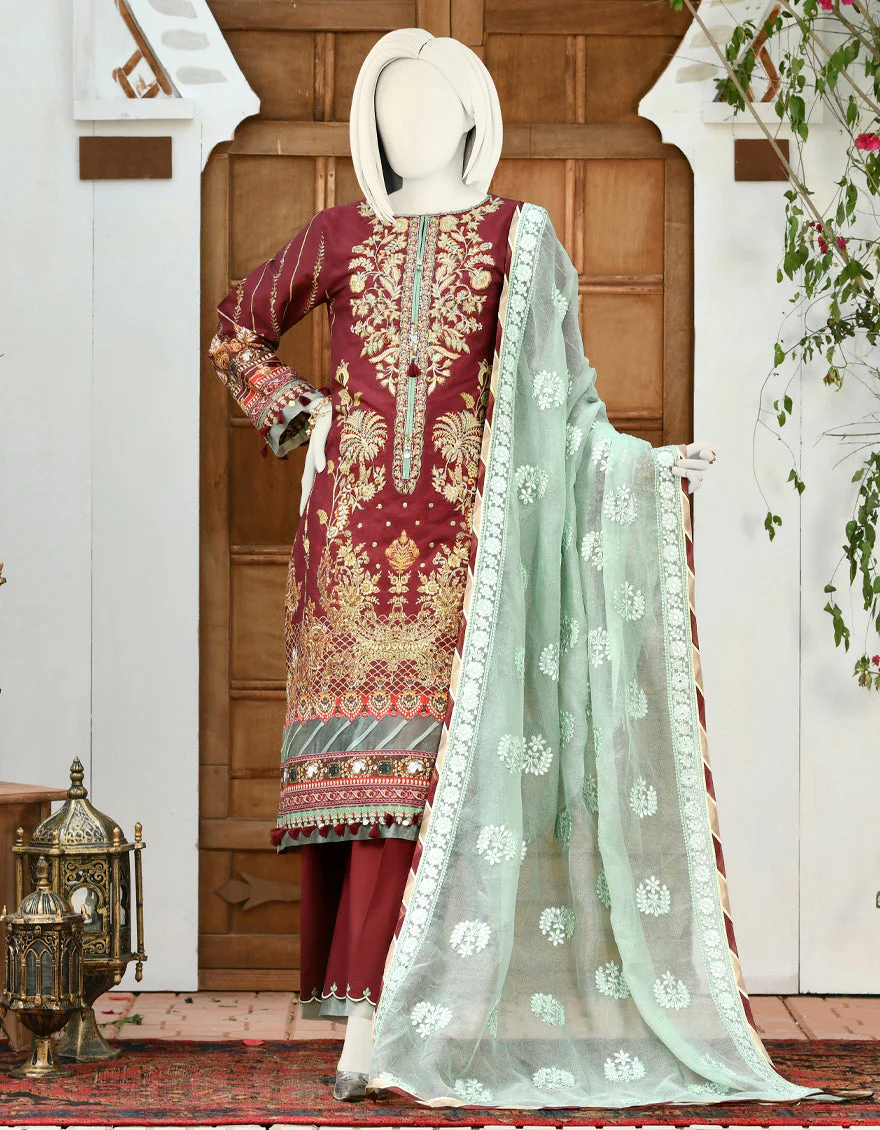 MAROON CAMBRIC 3PC STITCHED | JJPW-S-JPWS-US-22-308 FB/PEAR GREEN