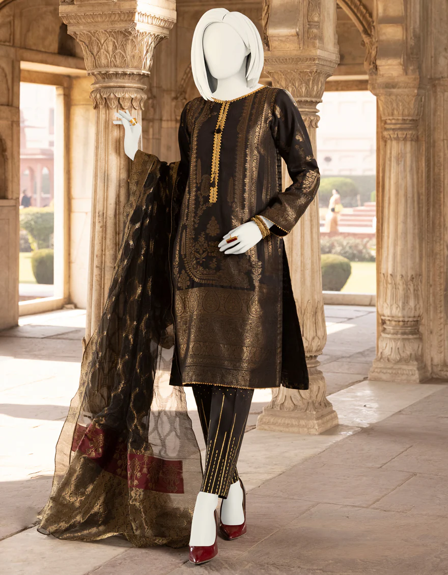 BLACK JACQUARD 3PC STITCHED | JJPW-S-JPWS-US-22-348 FB/SAFFRON DUST