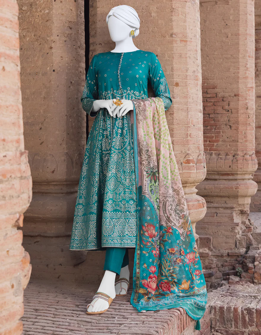 BOTTLE GREEN RAW SILK 3PC STITCHED | JJPW-S-JPWS-US-23-541 FB/JT-882