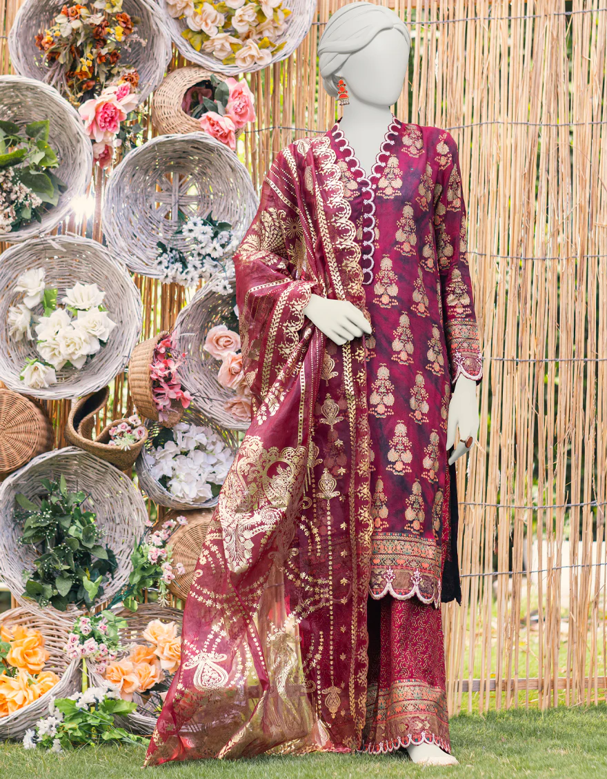 MAROON RAW SILK 3PC STITCHED | JJPW-S-JPWS-US-23-591 FB/FF-272