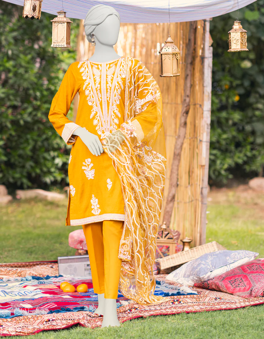 MUSTARD COTTON DOBBY 3PC STITCHED | JJPW-S-JPWS-US-23-598 FB/JA-924