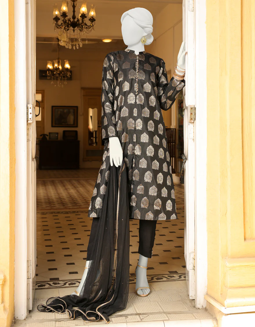 BLACK JACQUARD 3PC STITCHED | JJPW-S-JPWS-US-23-615 FB/GOLDEN MOTIF