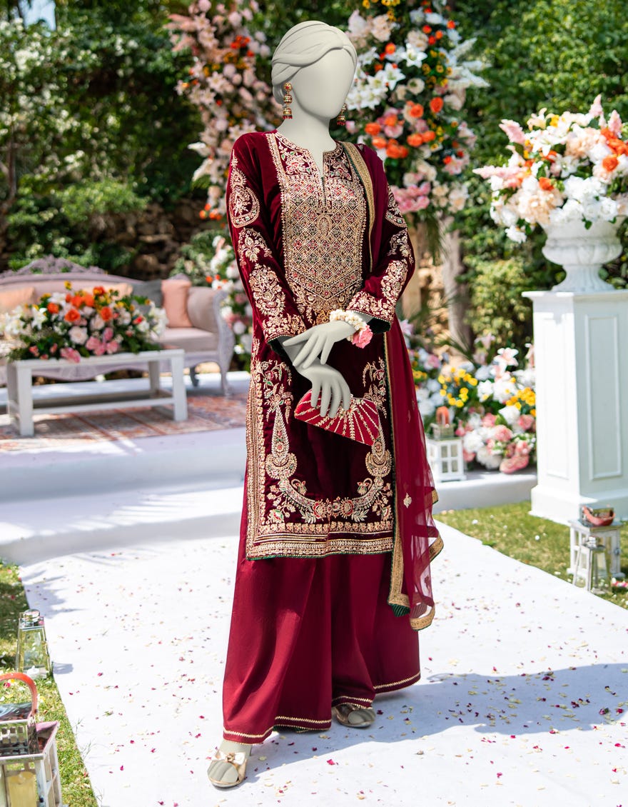 RED VELVET 3PC STITCHED | JJPW-W-JPS-24-3960 FB/MAKHMAL-01