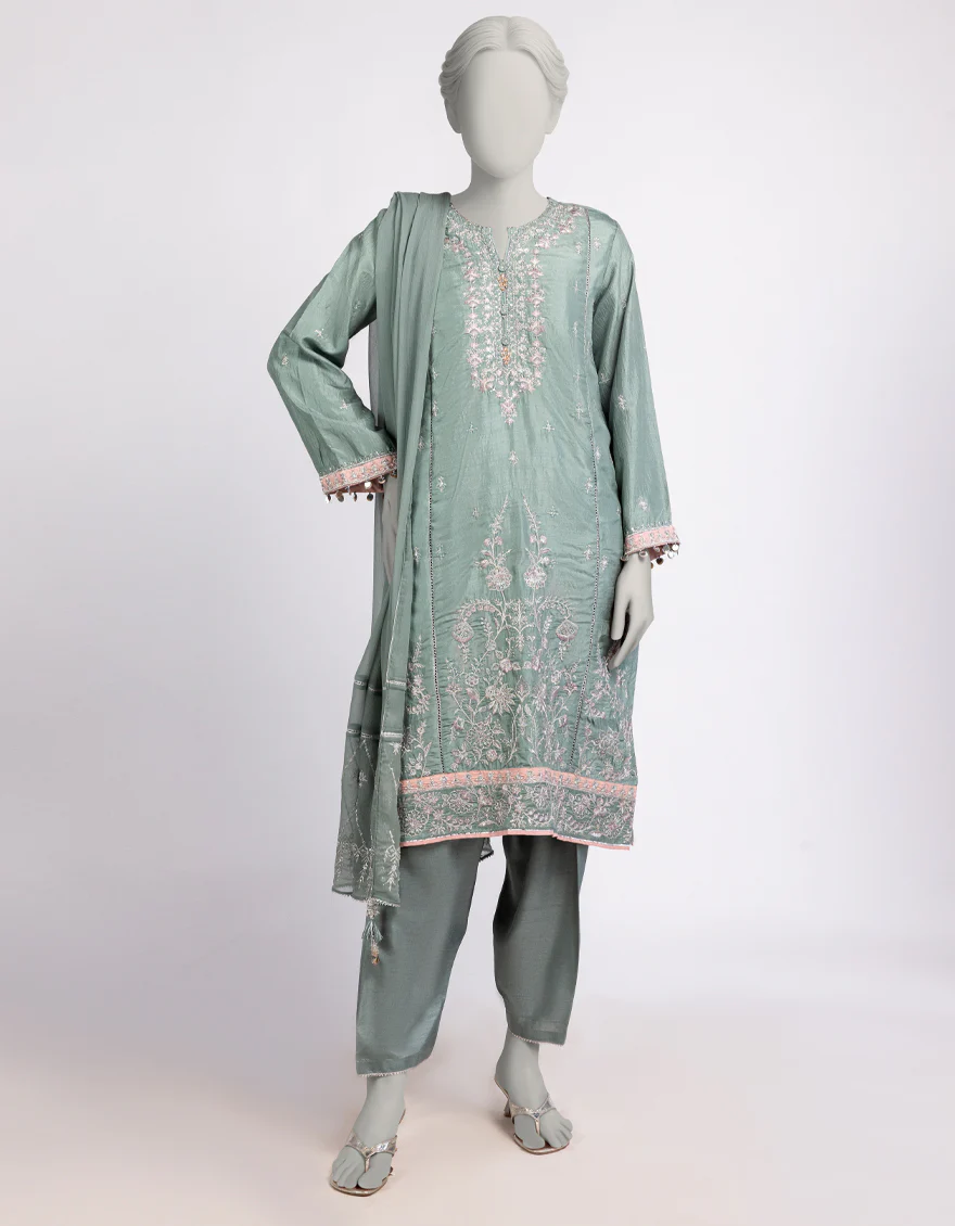 GREEN RAW SILK 3PC STITCHED | JJPW-W-JPS-25-3945 FB/DANEEN-02