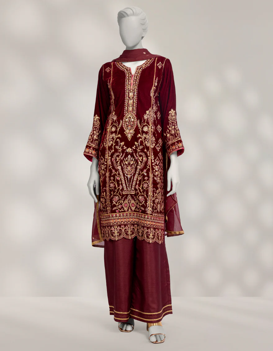 MAROON VELVET 3PC STITCHED | JJPW-W-JPS-25-3955 FB/INARA-02