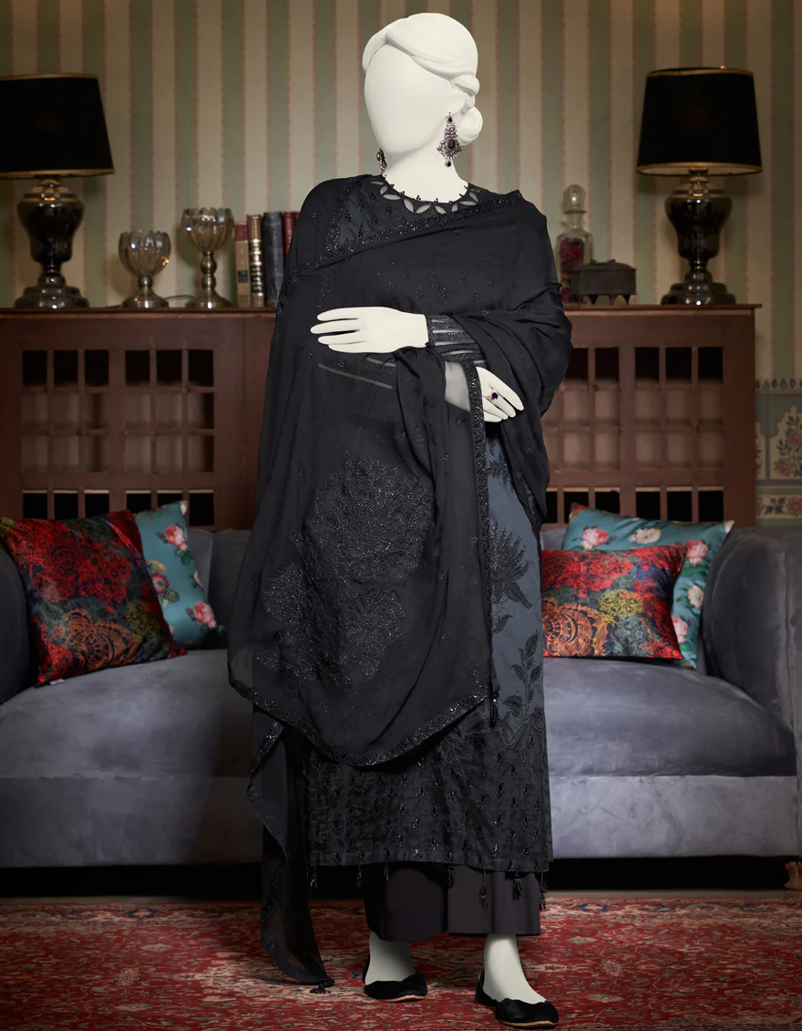 BLACK COTTON SATIN 3PC STITCHED | JJPW-W-JPS-US-23-3948 FB/HF-183