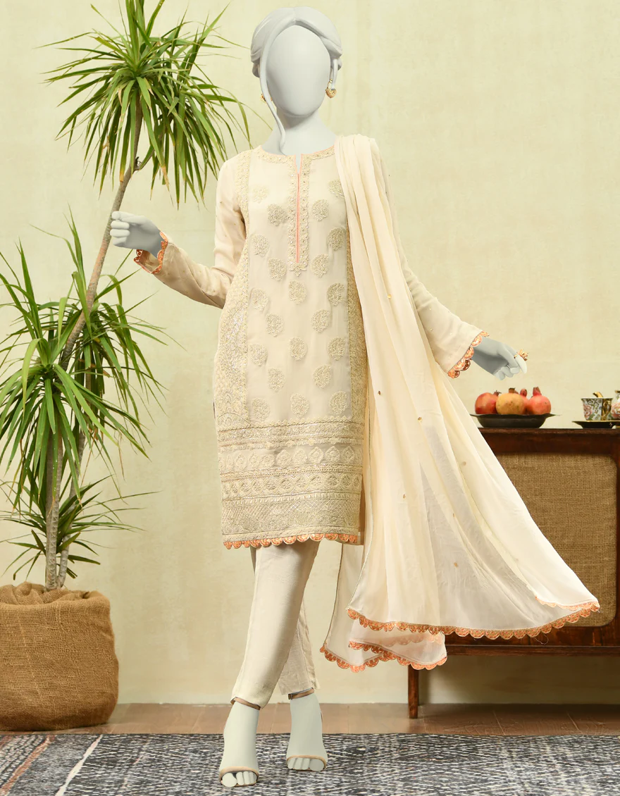 OFF-WHITE CHIFFON 3PC STITCHED | JJPW-W-JPWF-US-22-067 FB/FF-002