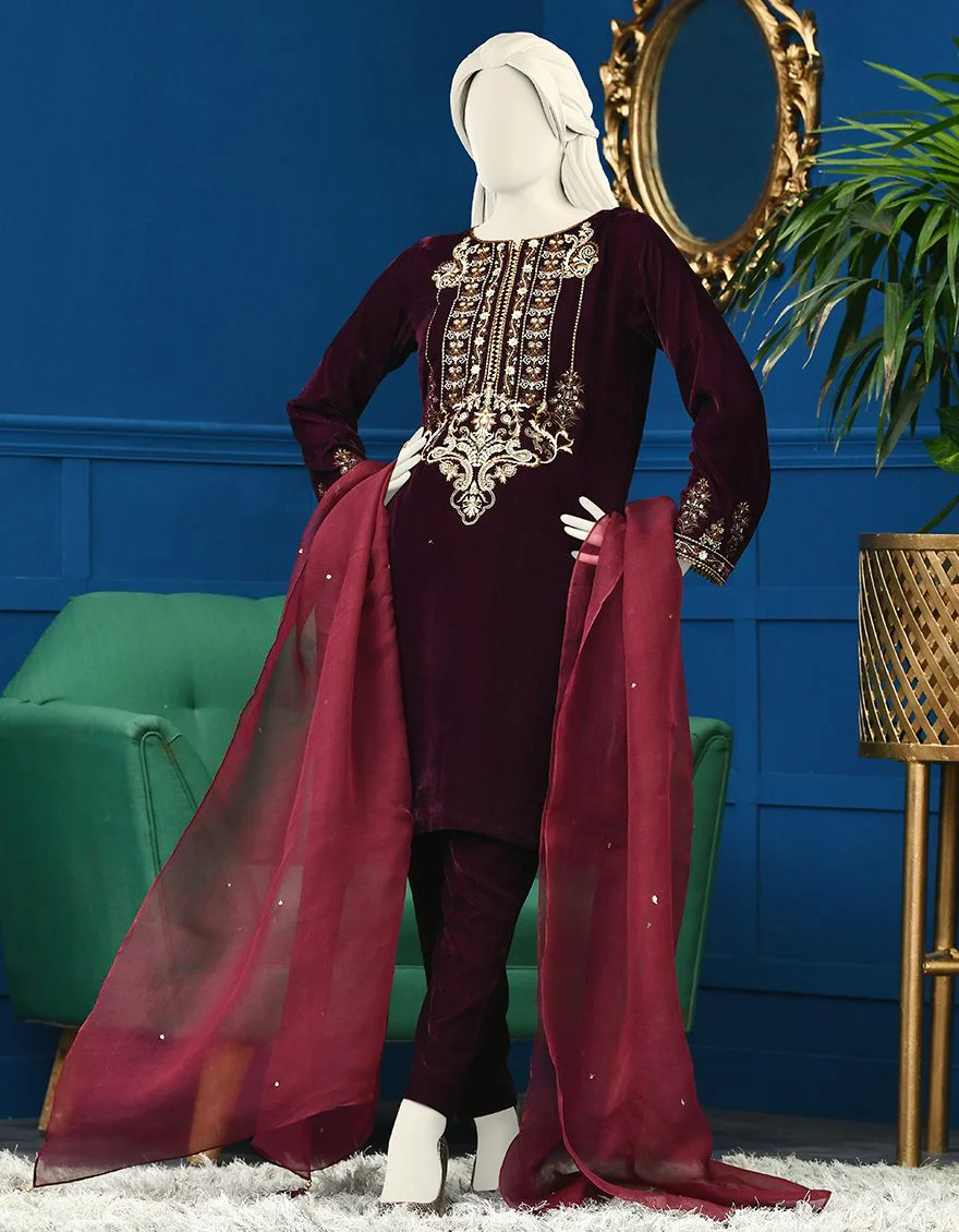 MAROON VELVET 3PC STITCHED | JJPW-W-JPWS-US-21-267 FB/FF-328