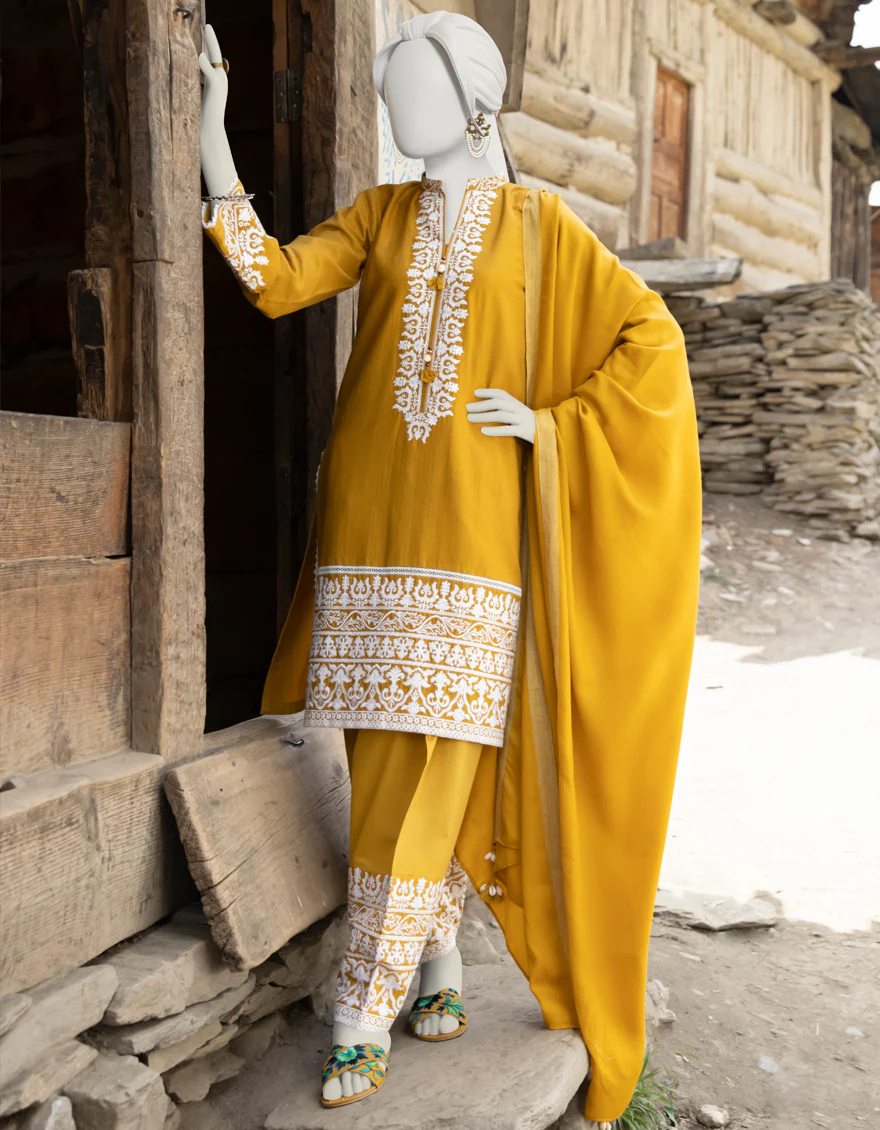 YELLOW YARN DYED 3PC STITCHED | JJPW-W-JPWS-US-22-480 FB/JASHAN
