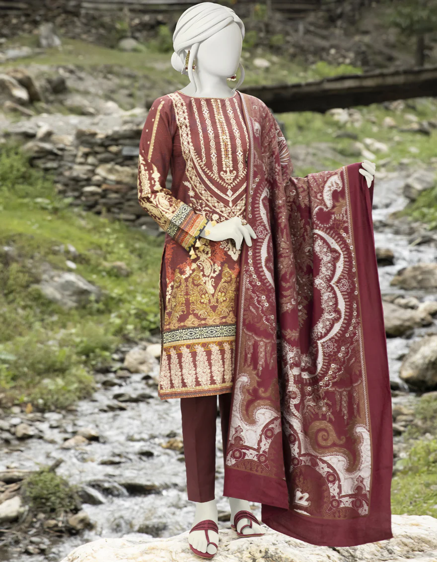 MAROON CAMBRIC 3PC STITCHED | JJPW-W-JPWS-US-22-483 FB/UMANG (22-5142)