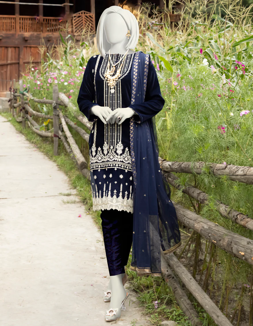 NAVY BLUE VELVET 3PC STITCHED | JJPW-W-JPWS-US-22-489 FB/FF-328