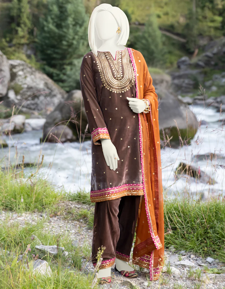 BROWN VELVET 3PC STITCHED | JJPW-W-JPWS-US-22-492 FB/FF-328