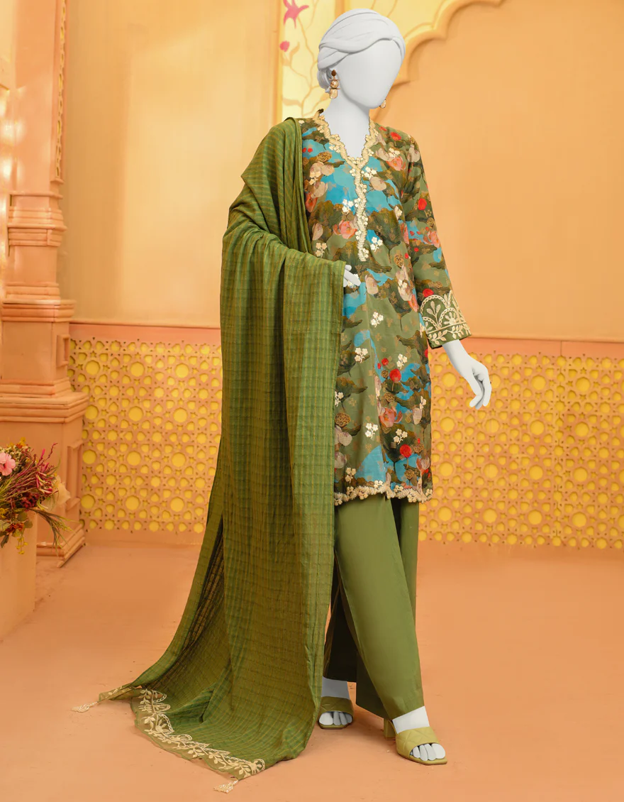 GREEN ORGANZA 3PC STITCHED | JJPW-W-JPWS-US-23-637 FB/ROHSANAY