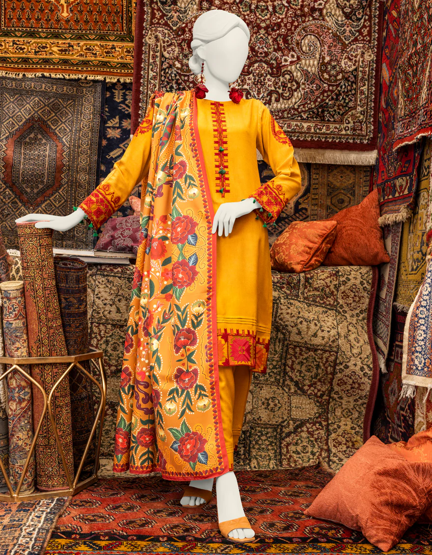 MUSTARD LINEN 3PC STITCHED | JJPW-W-JPWS-US-23-649 FB/AM-2062