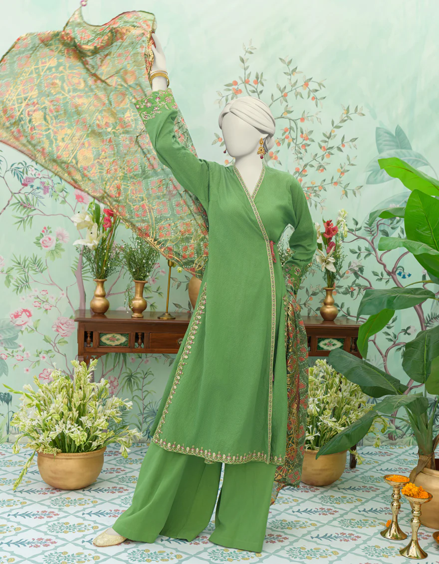 GREEN DOBBY 3PC STITCHED | JJPW-W-JW-24-1781 FB/MAHARANI-02