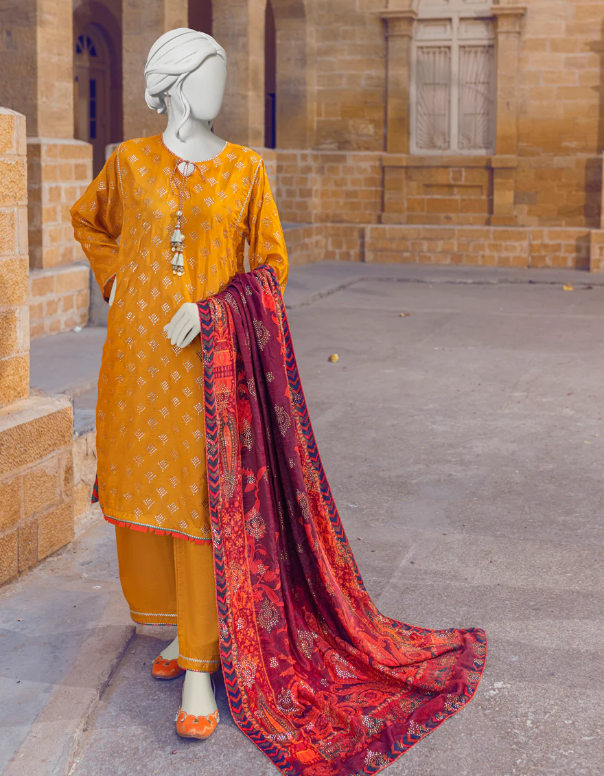 OCHER RAW SILK 3PC STITCHED | JJPW-W-JW-US-22-1710 FB/RP-026 JH-196