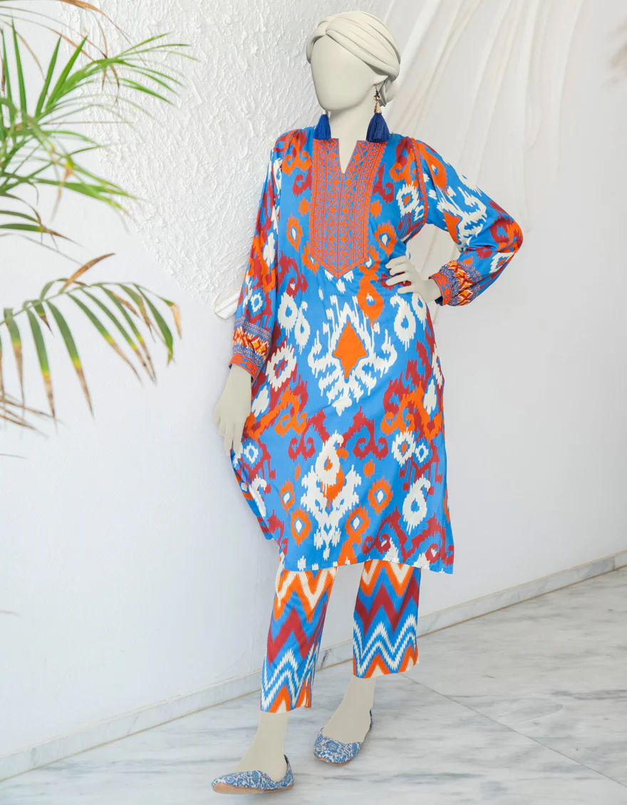 BLUE LINEN 2PC STITCHED | JJPW-W-JW2-24-2018 FB/IKAT FUSION-03