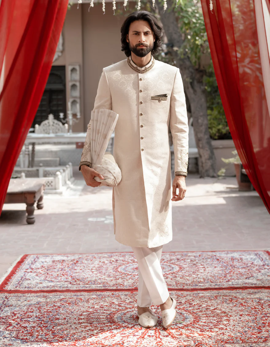 WHITE BLENDED SHERWANI | JJSW-573/S24/JJ9192-FL