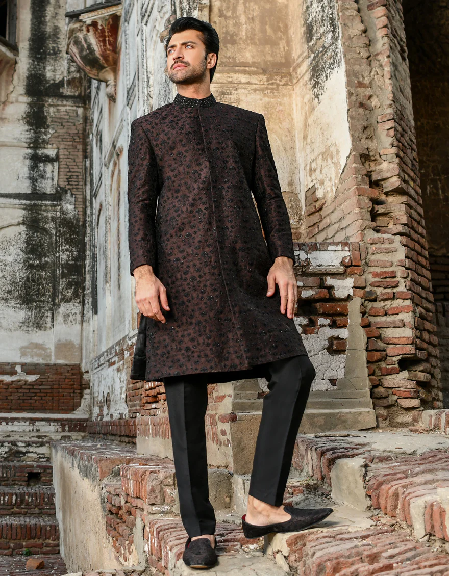LIVER BROWN BLENDED SHERWANI | JJSW-US-45030/A23/JJ8452-FL