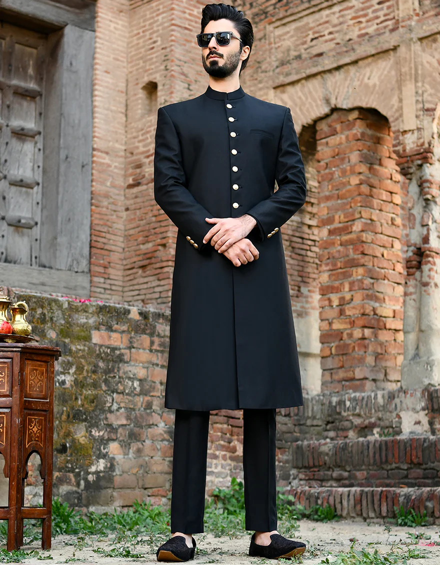 BLACK BLENDED SHERWANI | JJSW-US-45082/A23/JJ8086-PN
