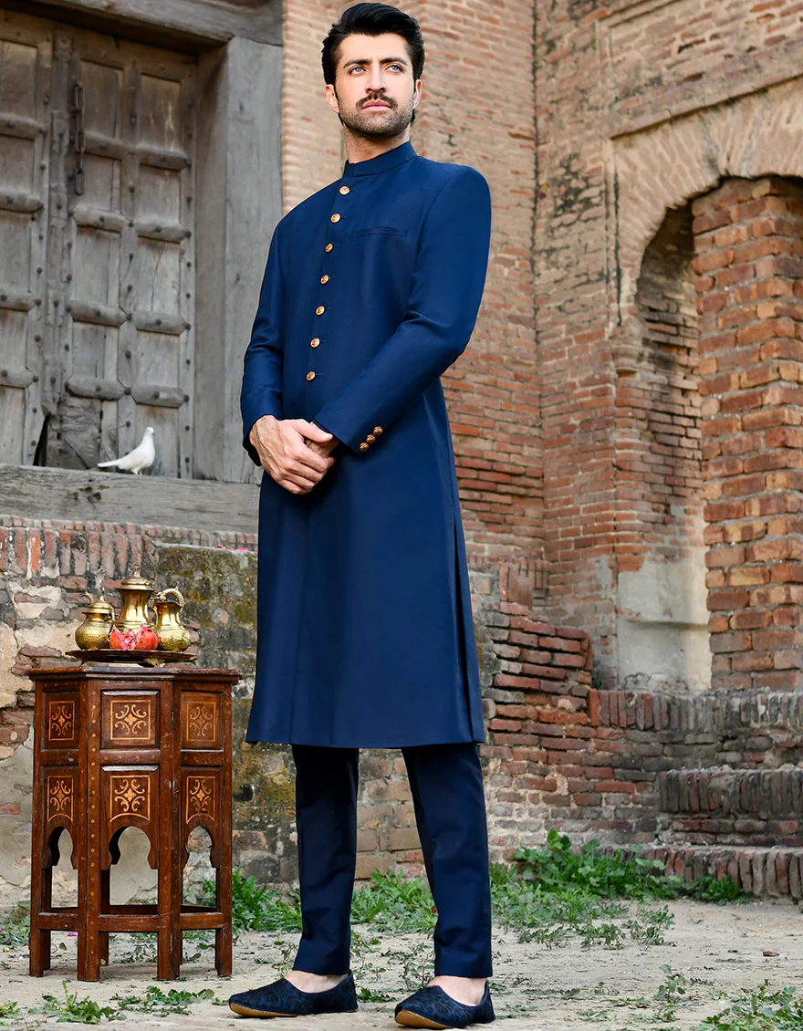 NAVY BLUE BLENDED SHERWANI | JJSW-US-45094/A23/JJ8086-PN
