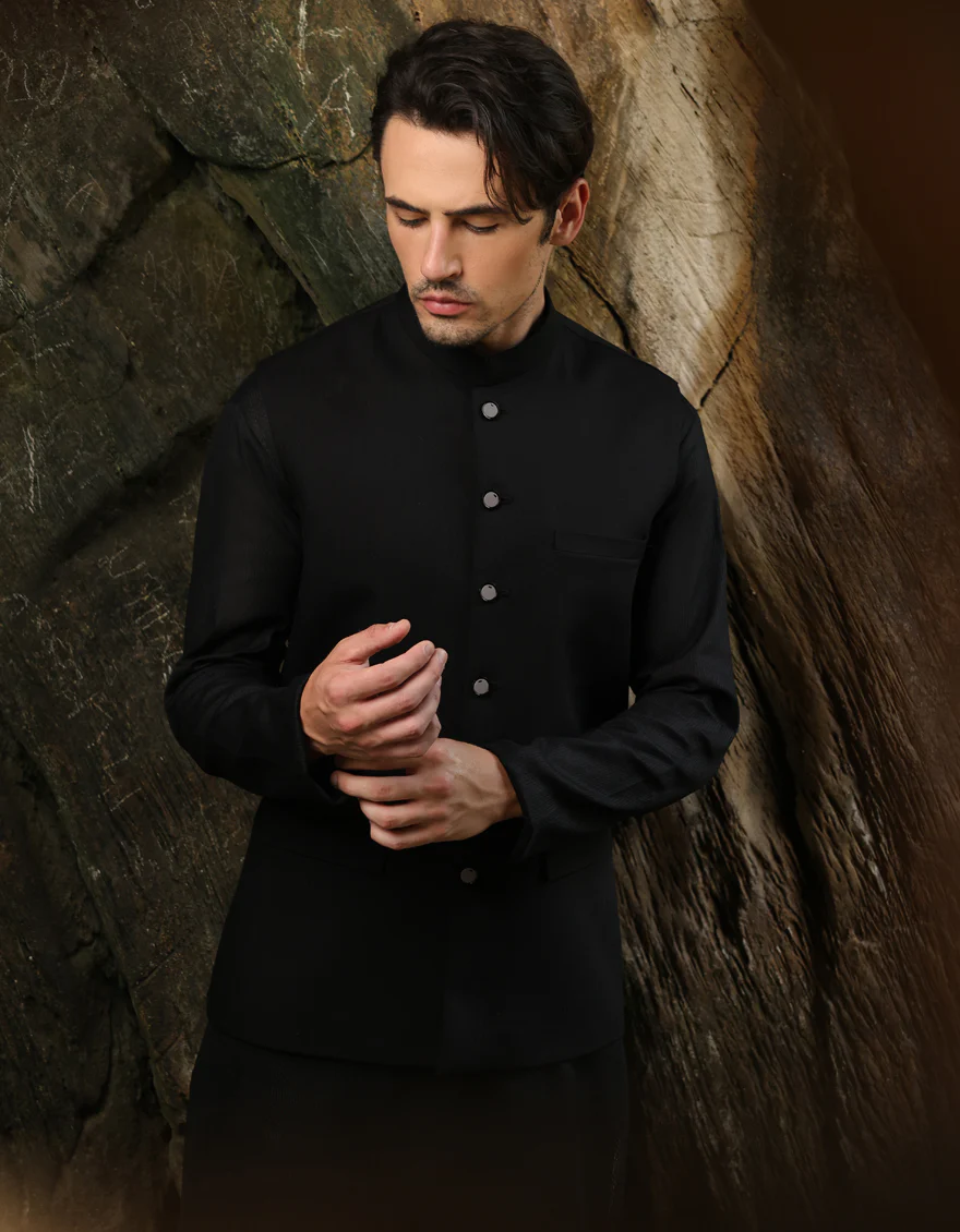 BLACK SUITING WAISTCOAT | JJVC-A-27380-R12-AP/