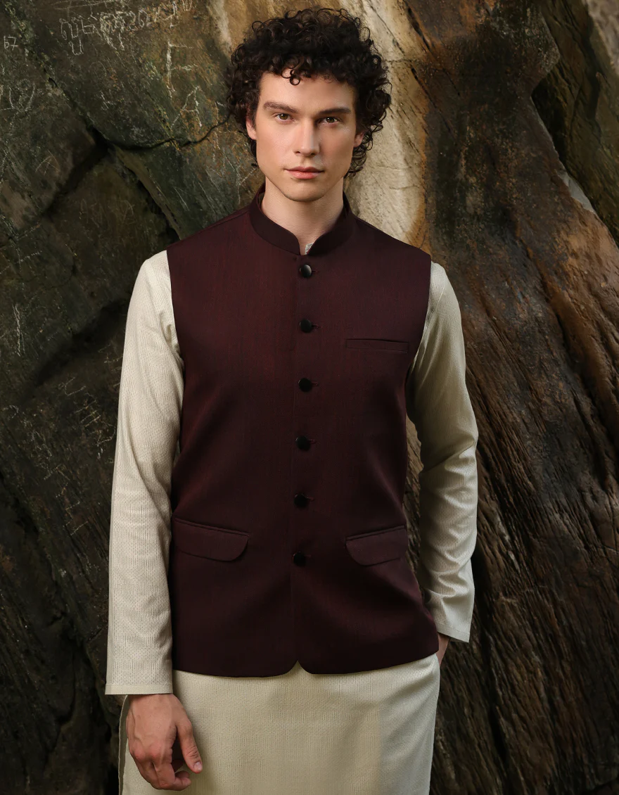 MAROON SUITING WAISTCOAT | JJVC-A-27384-R14-AP/S25/JJ9546-PN