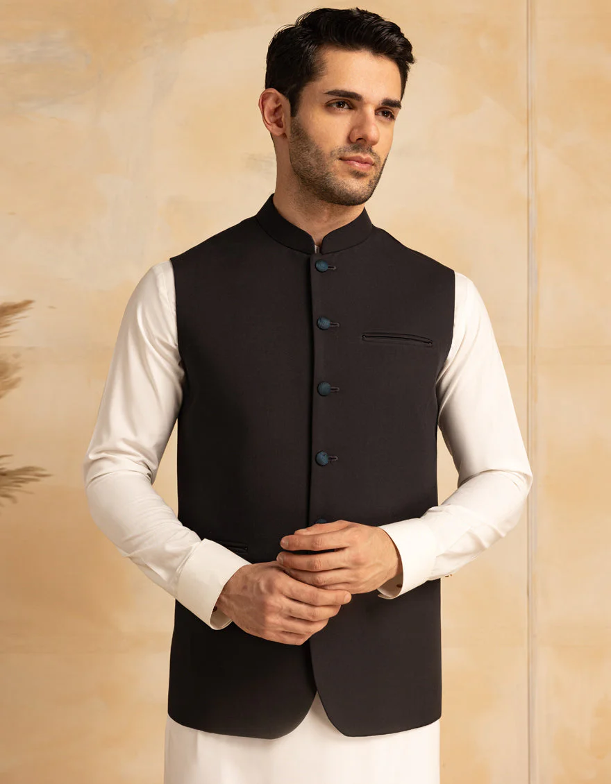 BLACK SUITING WAISTCOAT | JJVC-A-33225/S25/JJ10129-PN
