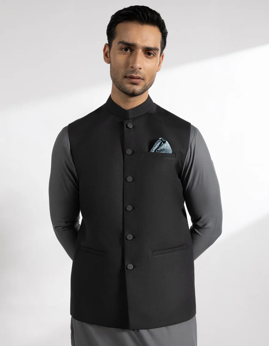 BLACK SUITING WAISTCOAT | JJVC-A-33535/S25/JJ10273-PN