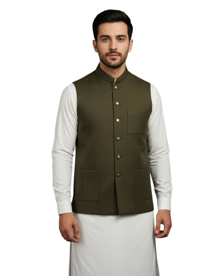 OLIVE GREEN SUITING WAISTCOAT | JJVC-A-33643/S25/JJ10273-CL