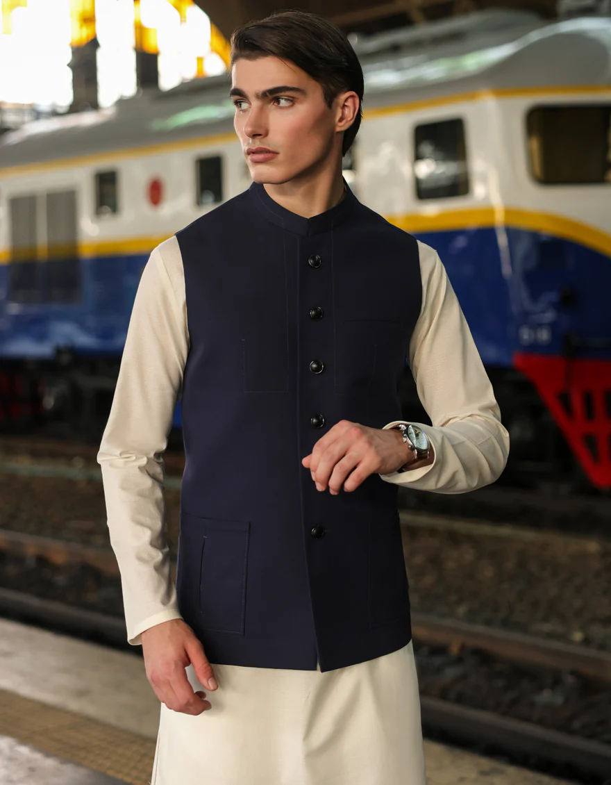 BLUE COTTON WAISTCOAT | JJVC-A-48069/S24/JJ9085-PN