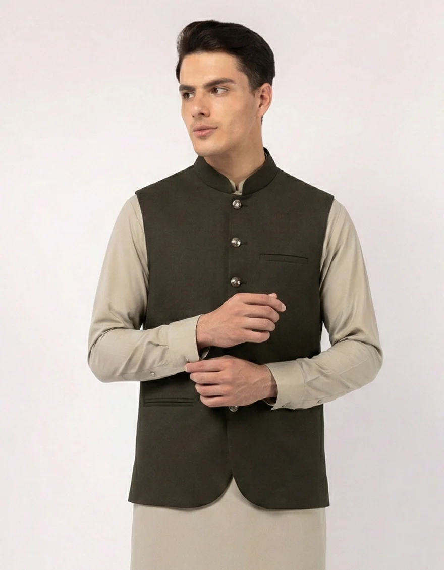 DARK OLIVE SUITING WAISTCOAT | JJVC-A-48291/S25/JJ10273-CL