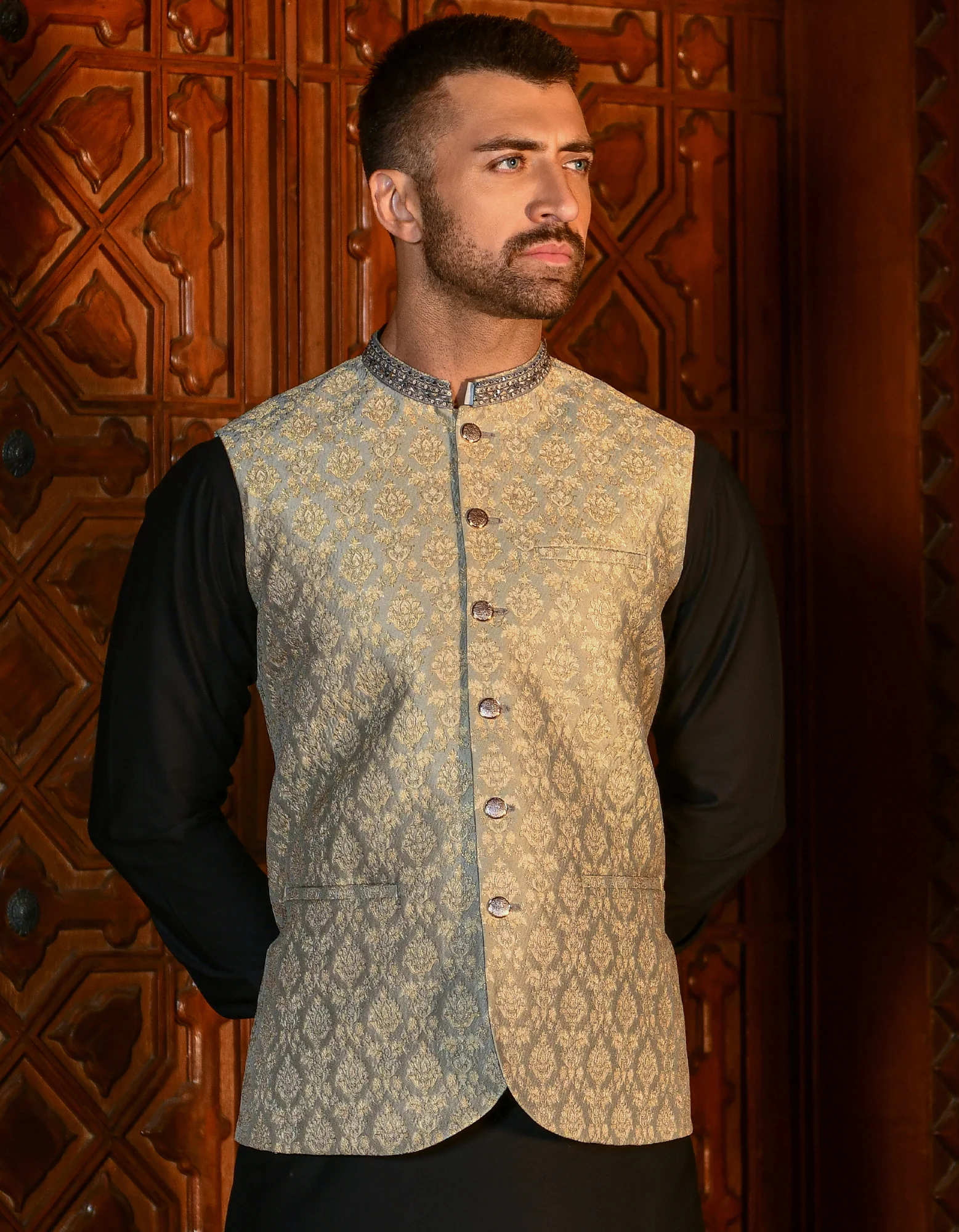 GOLD GREY WAISTCOAT | JJVC-US-44021/S22/JJ8019-FL